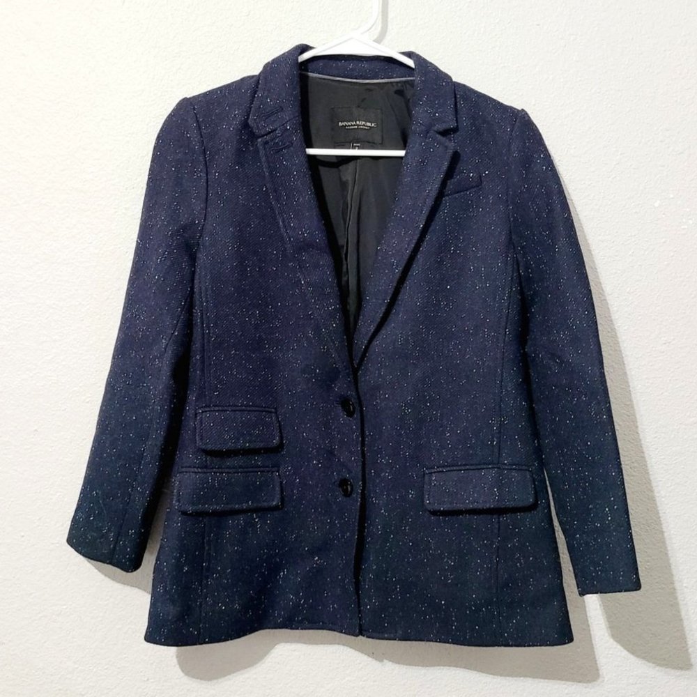 Banana Republic Wool Blend Hack-ing Jacket Size 2 Petite Navy Blue Speckle